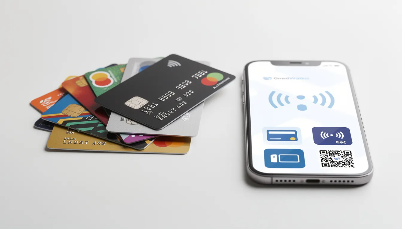 En bild som visar en uppsättning olika kreditkort tillsammans med en smartphone som visar ikoner för digitala betalningar. Denna bild illustrerar hur enkelt det är att hantera transaktioner för online casino, inklusive spel som "big bass bonanza" och "the trials of asgard" på din enhet.