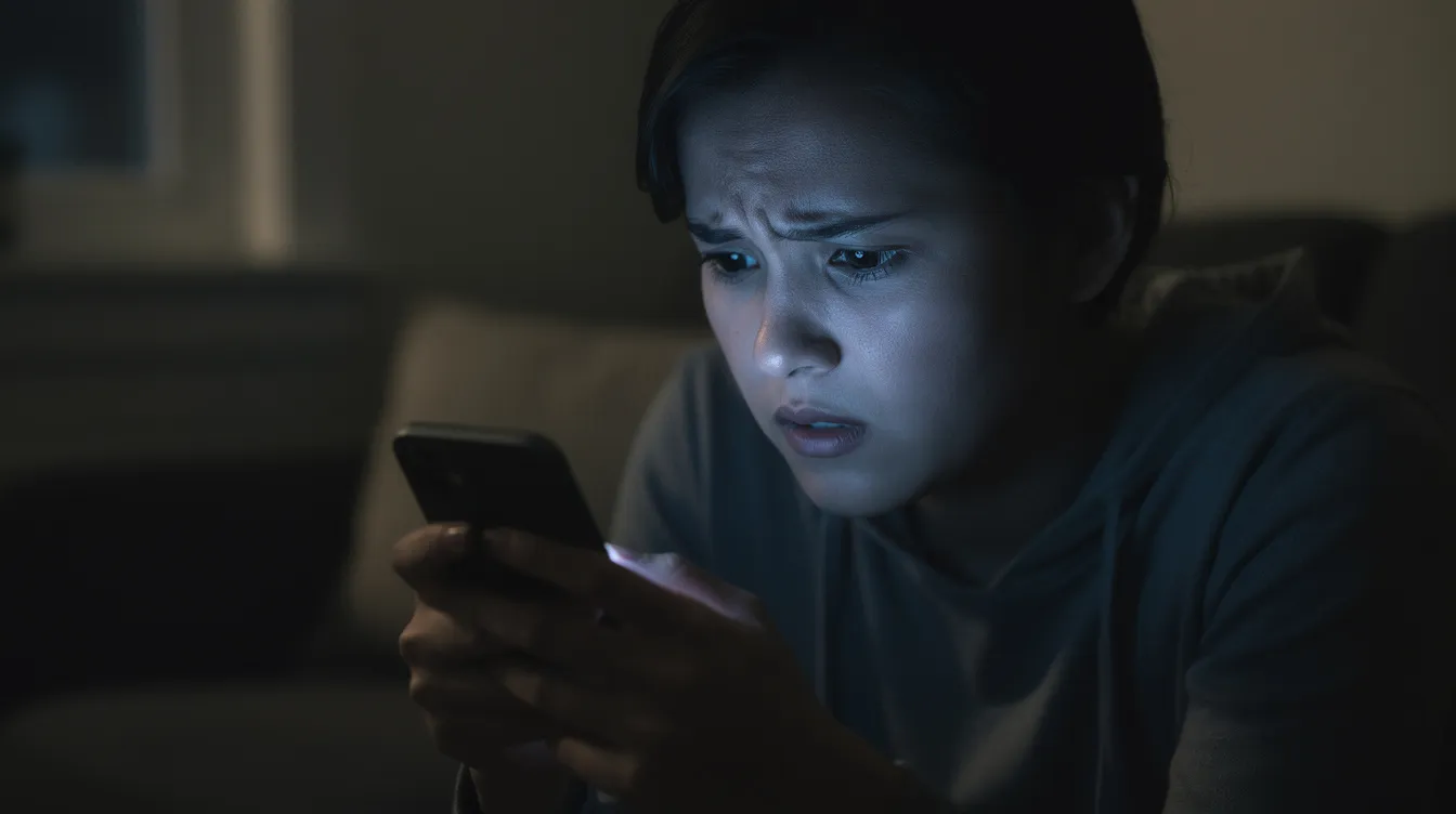 A worried person sits in a dimly lit room, intently staring at their smartphone screen, possibly concerned about a potential scam involving their WhatsApp account or personal information. The atmosphere suggests anxiety over issues like data leaks or identity verification in the face of increasing online fraud.