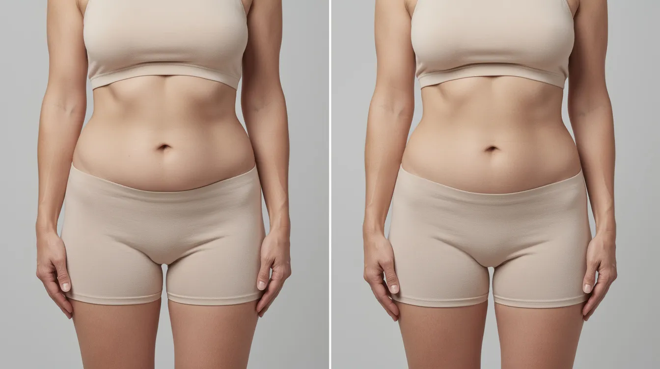 The image shows a side-by-side comparison of a patient before and after a body contouring treatment, highlighting the significant transformation achieved through a smartlipo procedure. The results demonstrate a more sculpted appearance, with noticeable changes in the thighs and arms, leaving the patient feeling satisfied and confident.