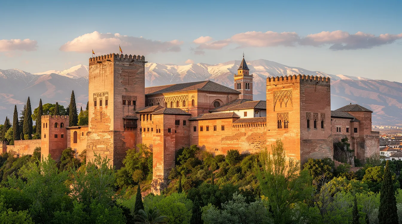 A imagem mostra a Alhambra, um magnífico complexo arquitetônico em Granada, Espanha, destacando o Palácio de Carlos V e o Pátio dos Leões, cercados por jardins exuberantes e com a imponente Sierra Nevada ao fundo. Este monumento histórico, que remete à rica história dos palácios nasridas, é uma atração imperdível para os visitantes da península ibérica.