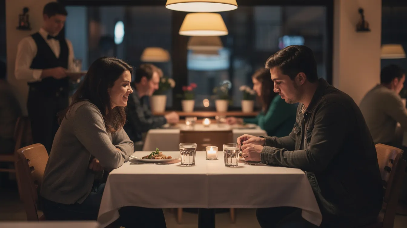A couple sits at a table in a restaurant, looking visibly uncomfortable during their first date, as they struggle to find common interests and engage in conversation. Their body language suggests they are on very different wavelengths, highlighting the challenges of meeting someone through dating apps and the awkwardness that can arise in real life.