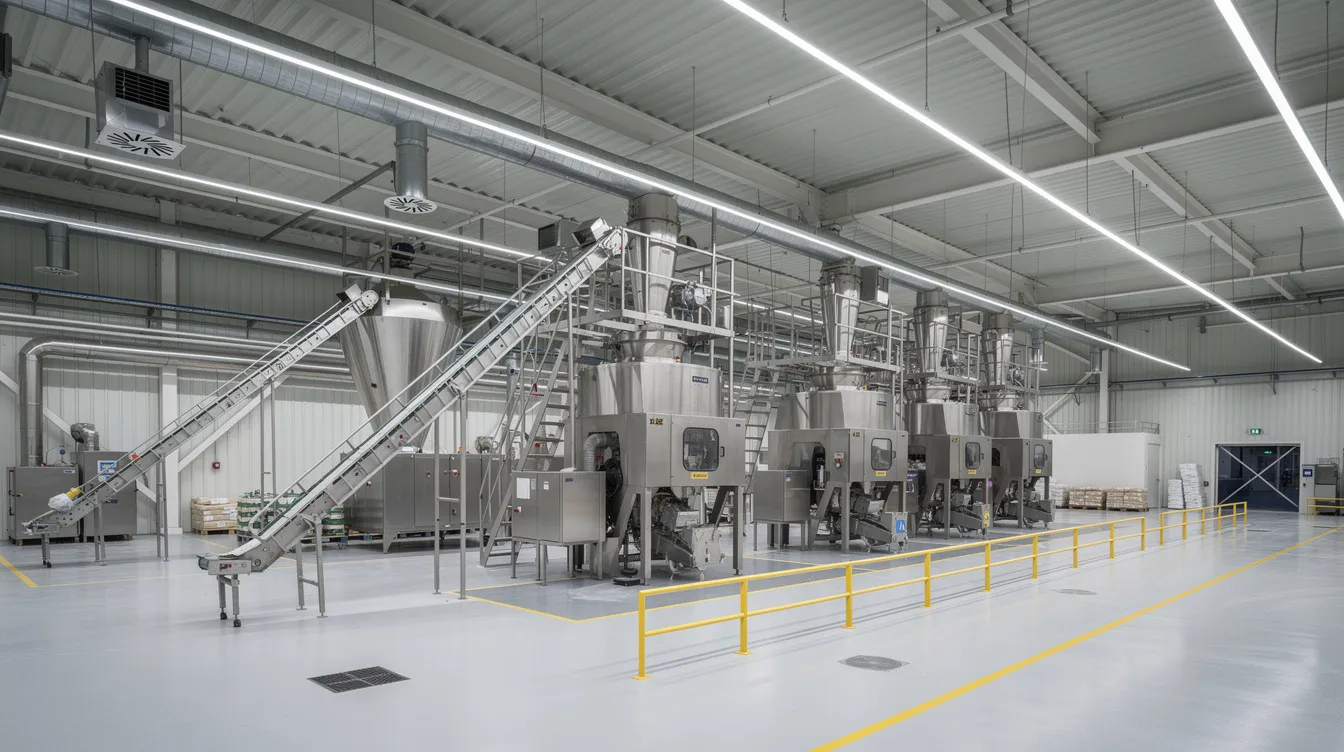 04c1c1f9 f5bd 4104 8c32 824ec0f5c376 The image depicts industrial flour milling machinery within a modern food processing factory, featuring conveyor belts and various metal equipment designed for efficient wheat flour production. This setup emphasizes automation and high production capacity, ensuring consistent flour quality in the milling process.