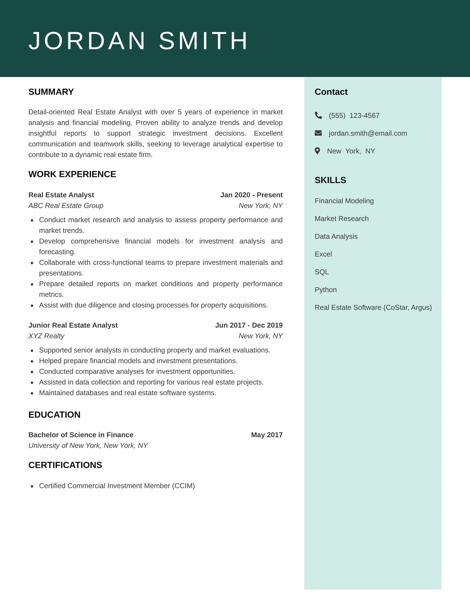A professional real estate analyst resume layout featuring the name “Jordan Smith” at the top with a dark green header. The left section includes summary, work experience, education, and certifications presented in a clean, organized format. The right sidebar displays contact information with icons and a list of skills. The design uses green and light teal accents on a white background, giving it a modern and structured appearance.