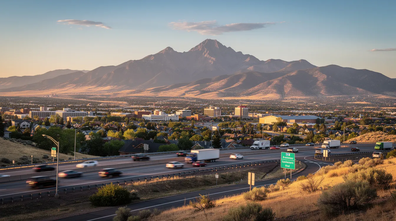 A wide view of Colorado Springs showcases the majestic Pikes Peak in the background, while highway traffic flows in the foreground, highlighting the bustling nature of the city. This scene reflects the importance of experienced personal injury attorneys in Colorado Springs who help accident victims navigate personal injury claims and secure fair compensation for their medical expenses and lost income.
