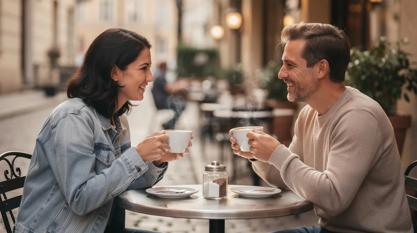 The image shows two people enjoying coffee together at a small outdoor cafe table, creating a cozy atmosphere ideal for casual dating and meaningful conversations. This scene captures the essence of real-life connections often sought through online dating platforms and dating apps.