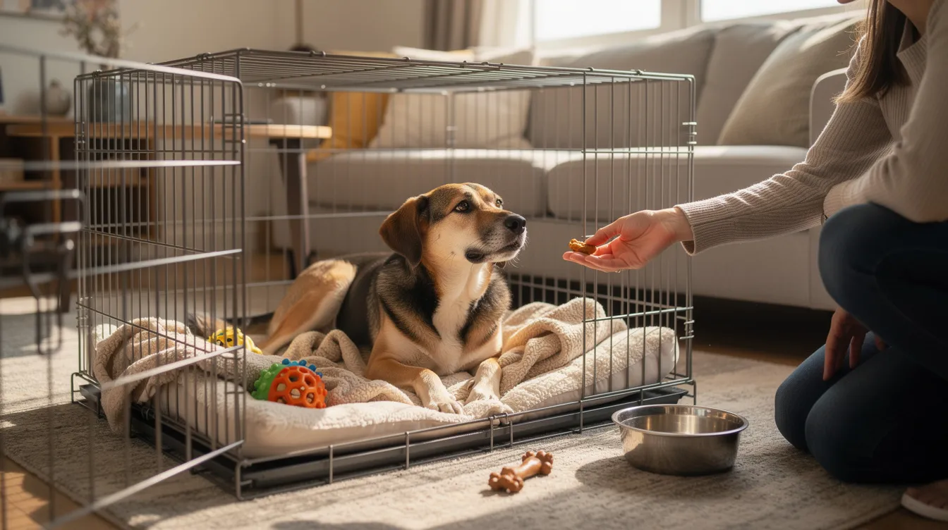 The image depicts an adult dog comfortably sitting inside a wire crate, with the crate door open, inviting exploration. The space is adorned with a soft crate pad and a few toys, creating a safe and comfortable environment for the dog during the crate training process.