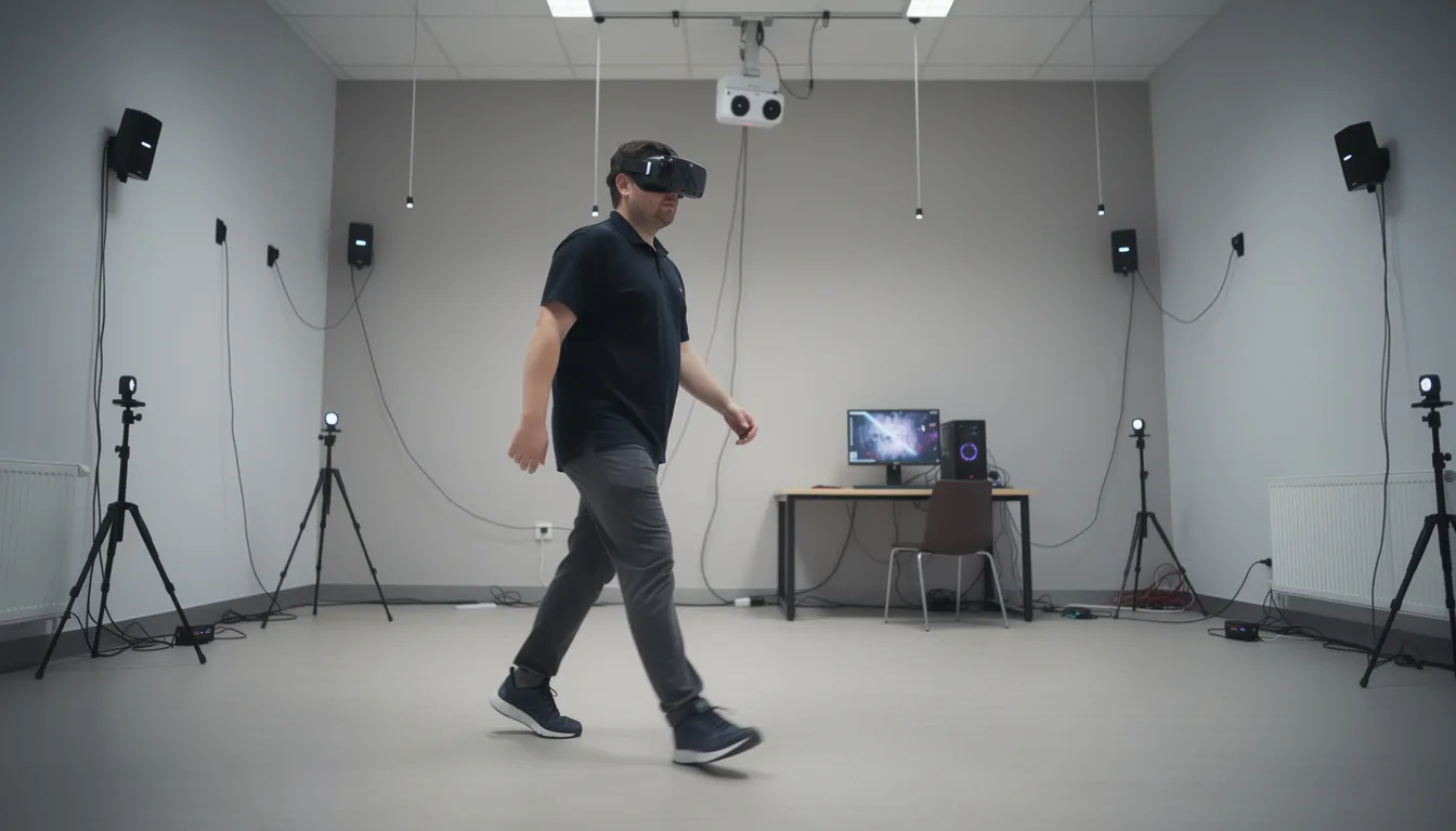A person is wearing a VR headset, moving freely in a spacious room equipped with visible tracking equipment, including external base stations for full body tracking. The scene captures the immersive experience of virtual reality as the user interacts with their environment, highlighting the advanced technology of the HTC Vive system.