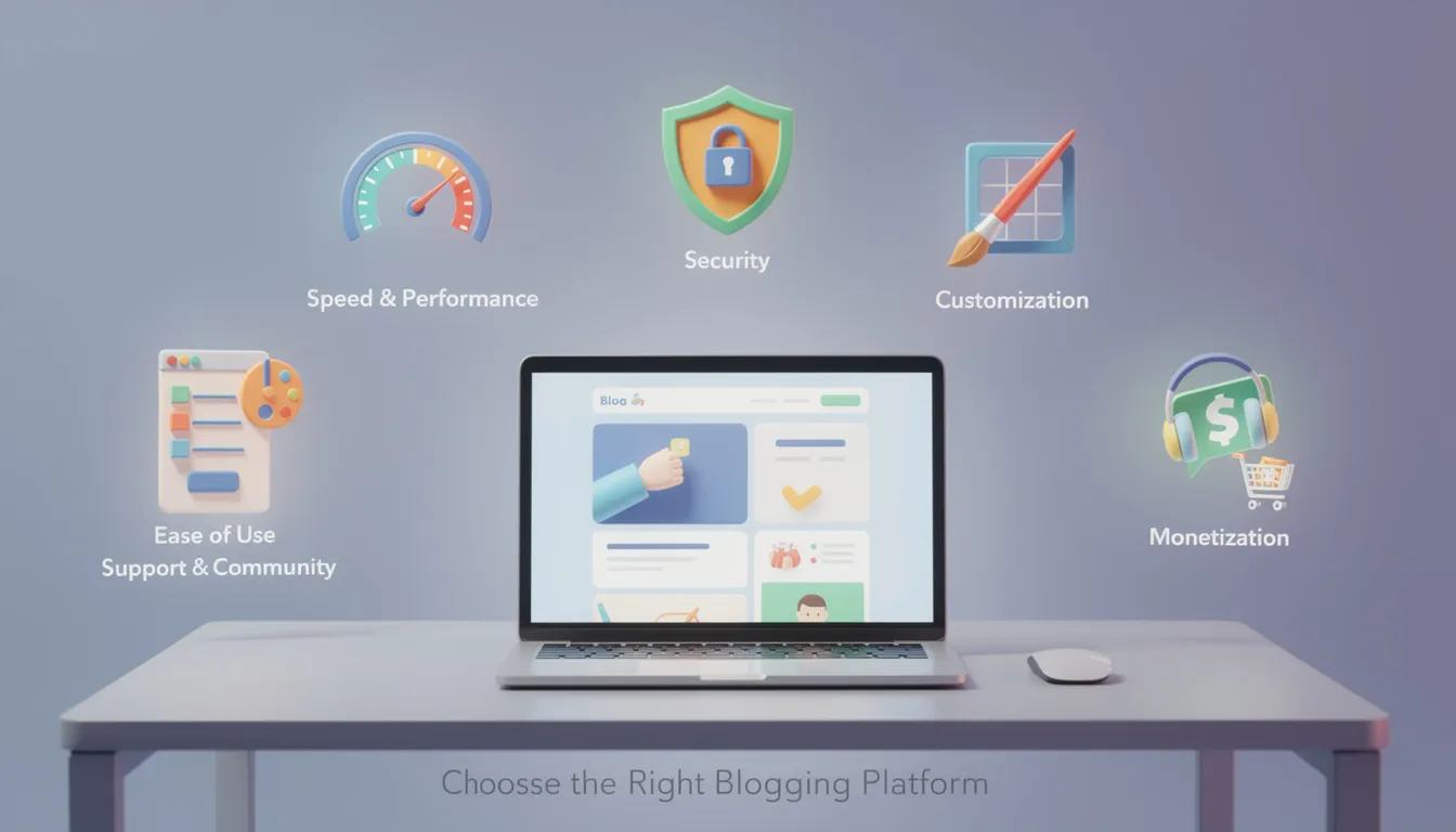 The image depicts a checklist highlighting key factors for selecting the best blogging platform, including speed and performance, security, customization, ease of use, support and community, and monetization options. This informative post is essential for anyone looking to start a blog online, ensuring a successful and secure blogging experience.