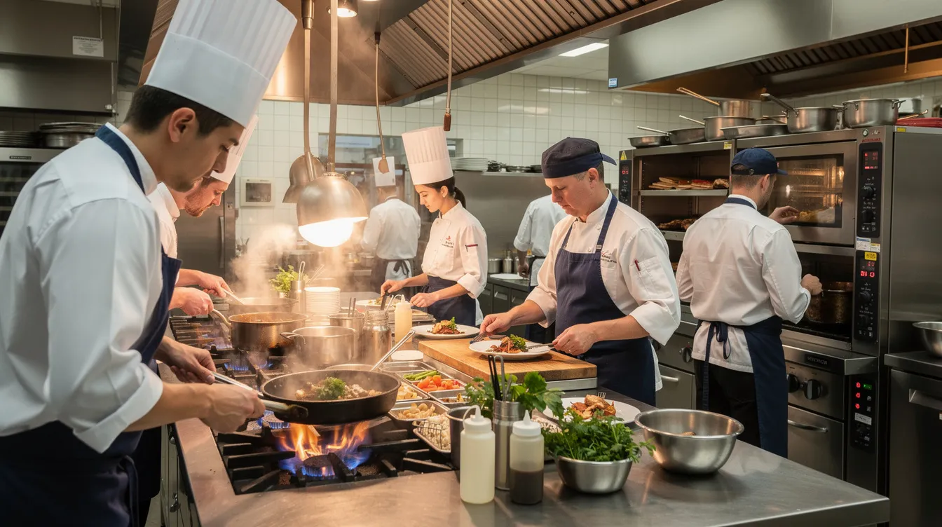 The image depicts a busy restaurant kitchen where staff members are actively working at stoves and prep stations, preparing meals and managing their job duties. This scene highlights the labor-intensive environment where employees may often work overtime hours, potentially requiring overtime pay under federal and state law.