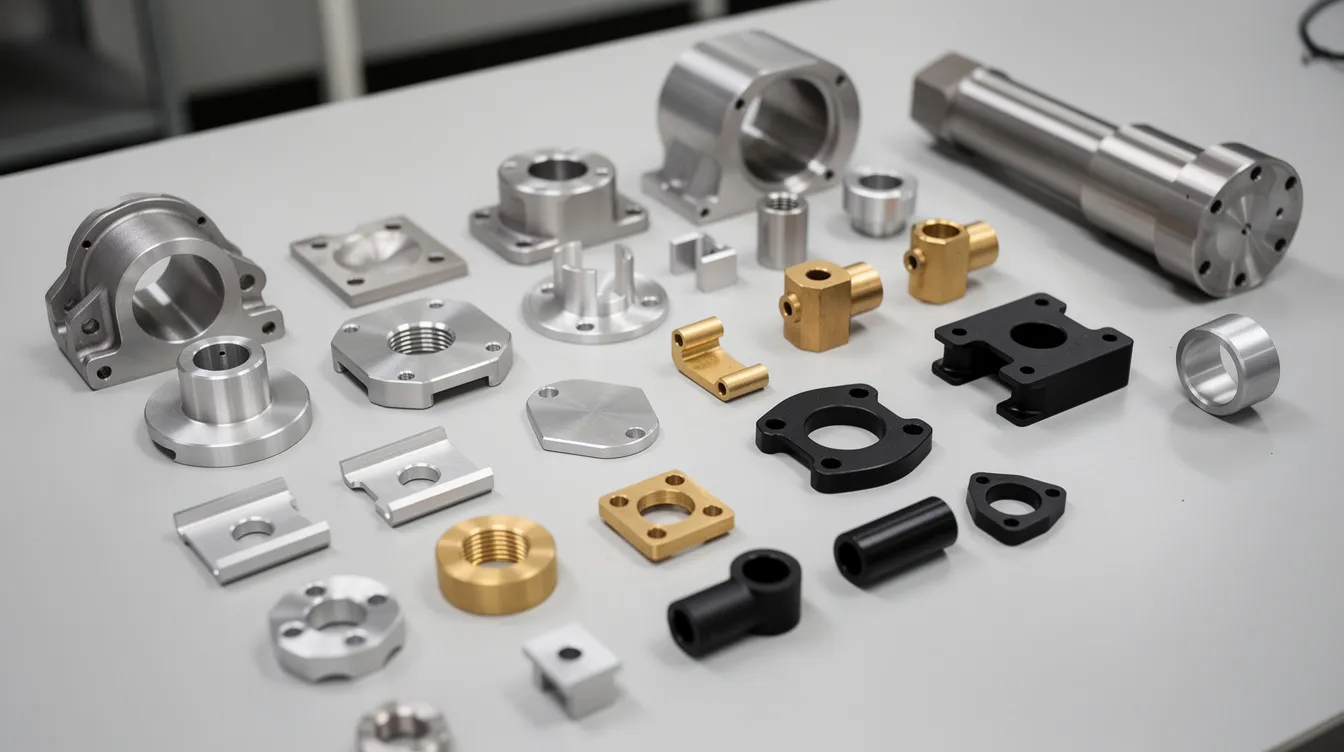 An assortment of CNC machined parts made from aluminum, stainless steel, brass, and black plastic is neatly arranged on a workshop table, showcasing various precision parts that highlight the capabilities of advanced CNC machines and rapid machining services. The collection includes components suitable for diverse industries, emphasizing high quality and tight tolerances in the manufacturing process.