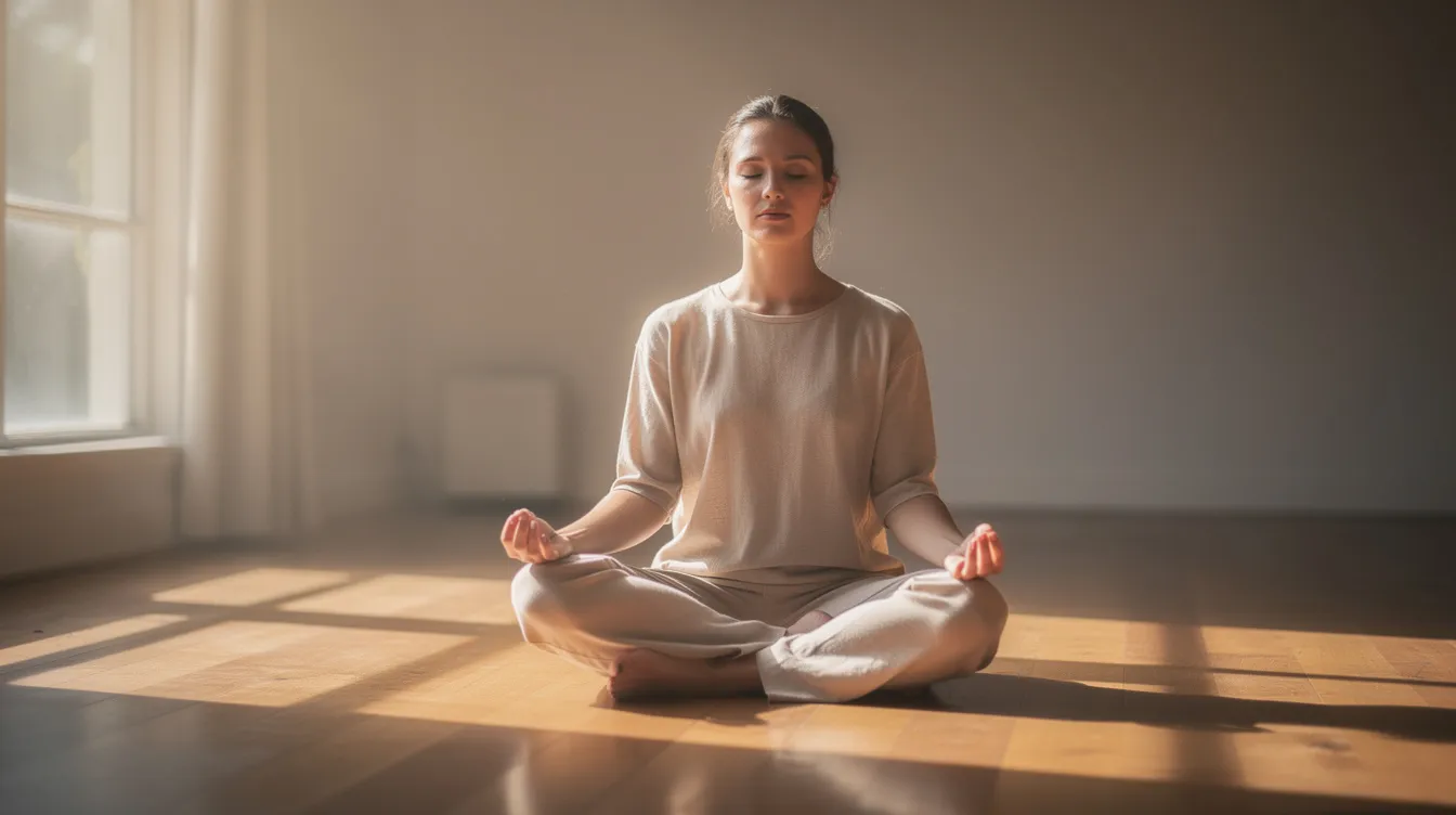 A person is sitting cross-legged on a wooden floor, bathed in soft morning light, with their eyes closed and hands resting on their knees, embodying a sense of deep calm and centeredness. This serene moment reflects the principles of somatic therapy, emphasizing the mind-body connection and the journey of healing trauma.