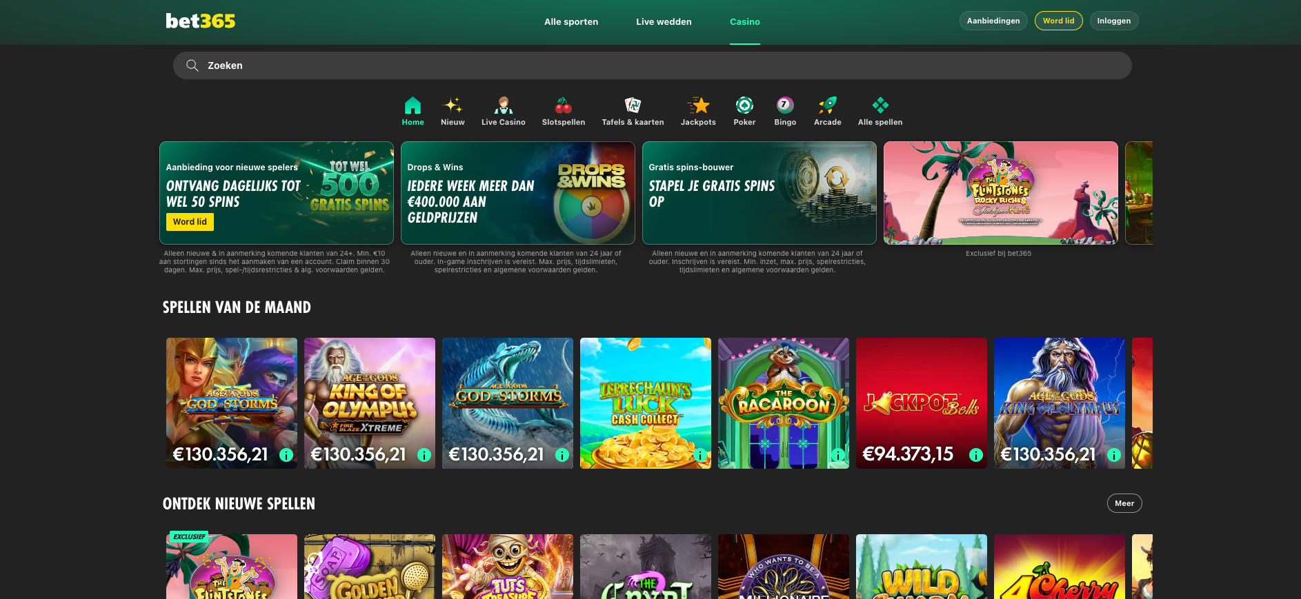 Overzicht van bet365 online casino, met promoties voor gratis spins en Drops & Wins, en populaire slots zoals God Storms, King of Olympus en Leprechaun’s Luck, plus een sectie met spellen van de maand en nieuwe casinospellen.