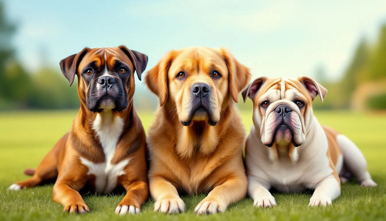 A Boxer, a Golden Retriever, and a Bulldog are sitting closely together, displaying a friendly camaraderie in a lush green park. This group photo captures the essence of canine companionship, highlighting the joy of dogs, which can also be a source of support for those dealing with issues like mast cell tumors in dogs.