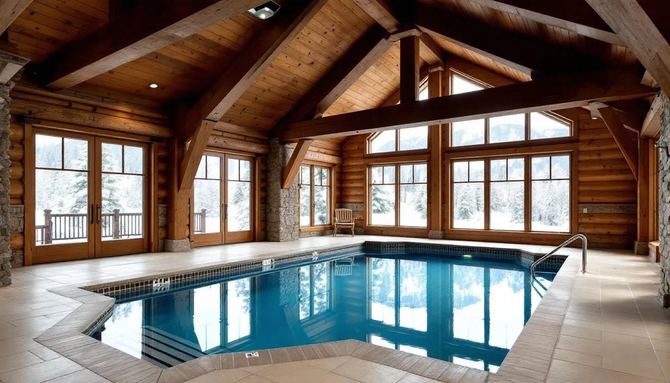 The image features an indoor swimming pool set within a mountain lodge interior, characterized by exposed wooden beams that enhance its rustic charm. This inviting space is perfect for relaxation after a day of skiing at the nearby Brian Head Resort or exploring the stunning Cedar Breaks National Monument.