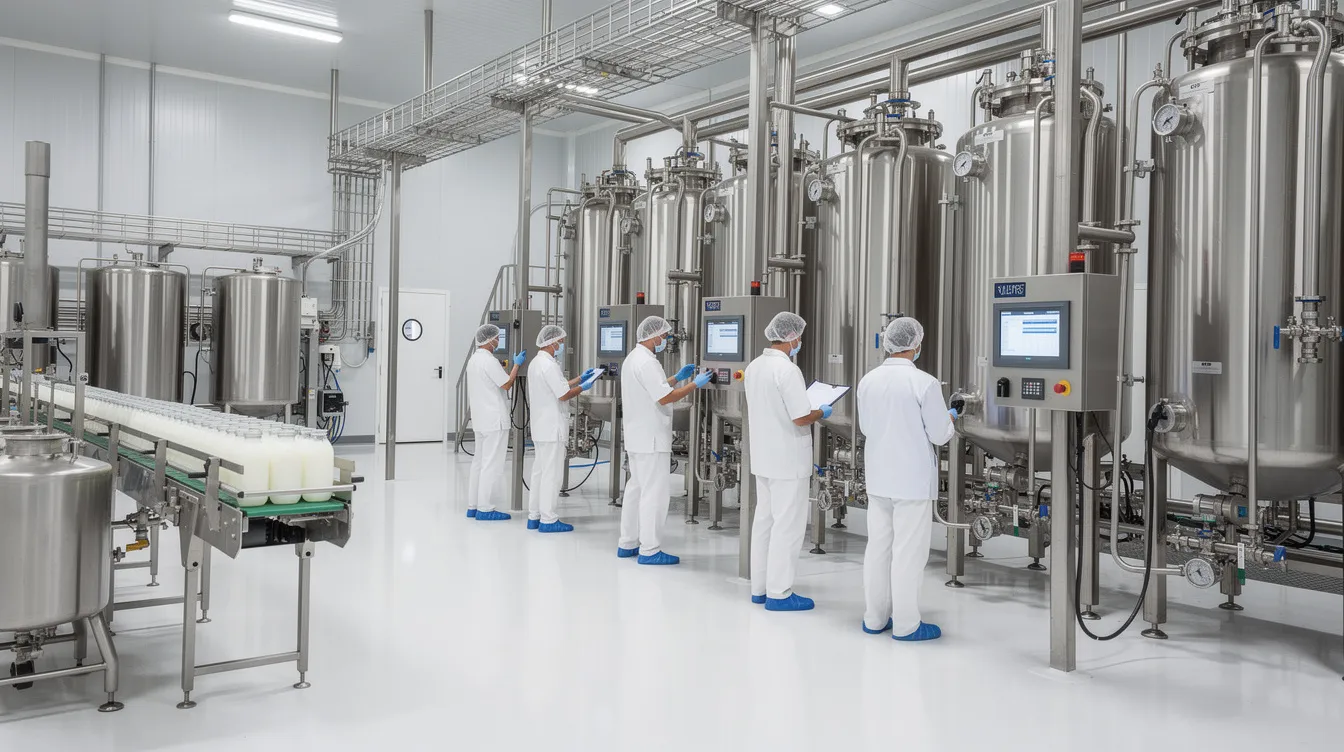 04cf772f 6b50 4567 ab72 64776969f61b The image depicts the interior of a modern dairy processing plant, where workers in white uniforms are engaged in operating large evaporators as part of the whey protein manufacturing process. This facility focuses on producing various whey products, including whey protein concentrate and whey protein isolate, essential for dietary supplements and clinical nutrition.