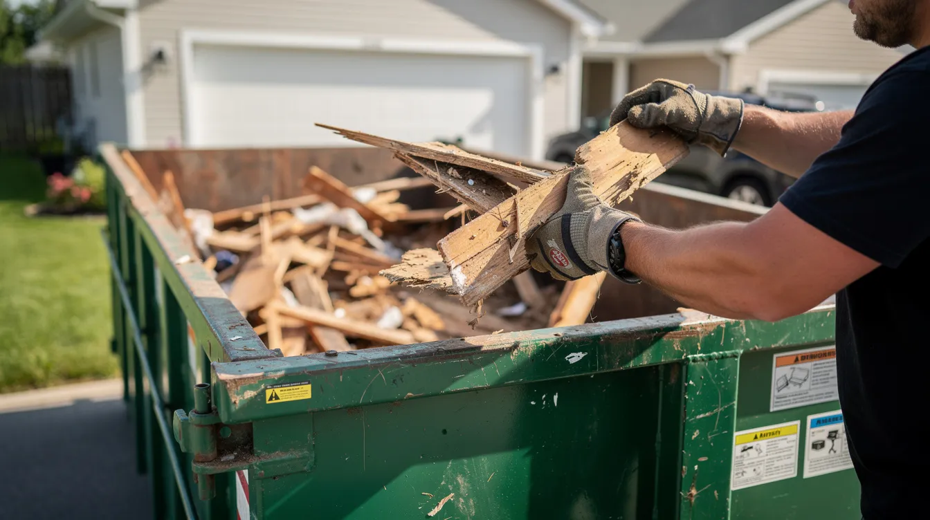 A person wearing work gloves is loading wooden debris into a residential roll-off dumpster, which is ideal for construction debris and yard waste disposal. This scene illustrates the process of junk removal during a renovation project, emphasizing the importance of selecting the right dumpster size for efficient waste management.