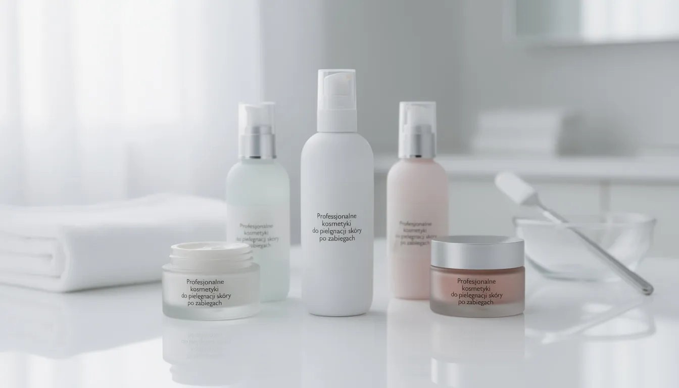 Na zdjęciu widoczne są profesjonalne kosmetyki do pielęgnacji skóry, które wspierają proces gojenia po zabiegach, takich jak laserowe usuwanie brodawek. Produkty te są szczególnie polecane osobom, które przeszły zabieg usuwania kurzajek lub zmagają się z wirusem brodawczaka ludzkiego HPV.