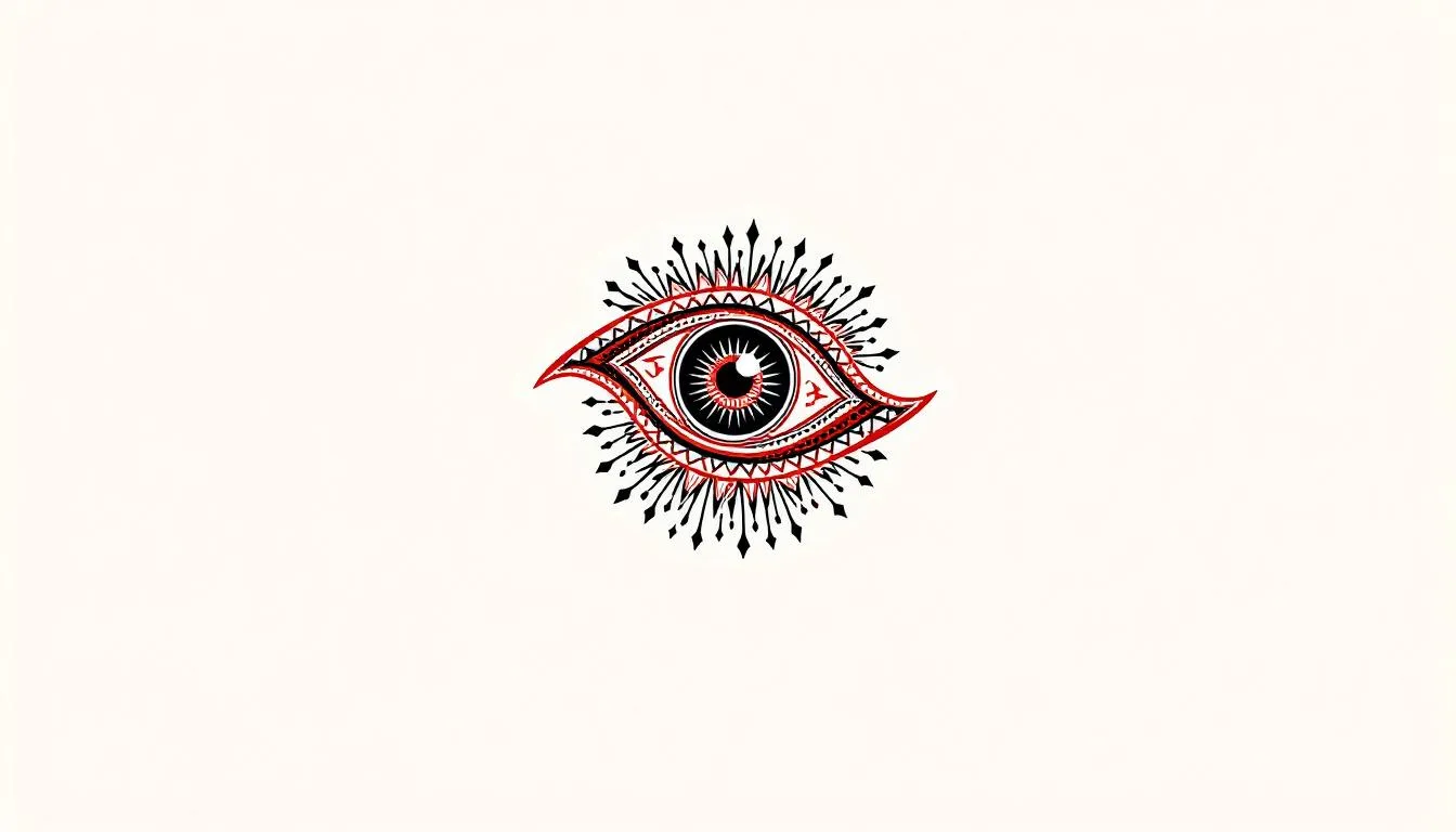 The image features a vibrant red evil eye symbol, intricately designed to ward off negative energy and protect against the evil gaze. This powerful symbol, commonly found in many cultures, is often used in jewelry like bracelets and charms to bring good fortune and promote inner peace.