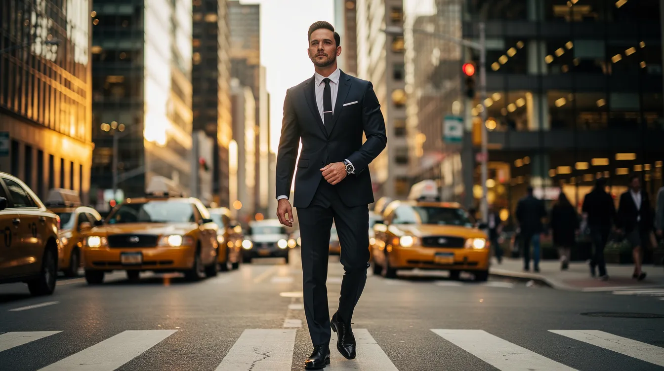 The image depicts a confident high value man walking through the bustling streets of New York City, embodying self-assurance and a strong work ethic. He carries himself with pride, showcasing qualities that reflect his commitment to self-development and emotional intelligence as he navigates his career and relationships in the vibrant urban environment.