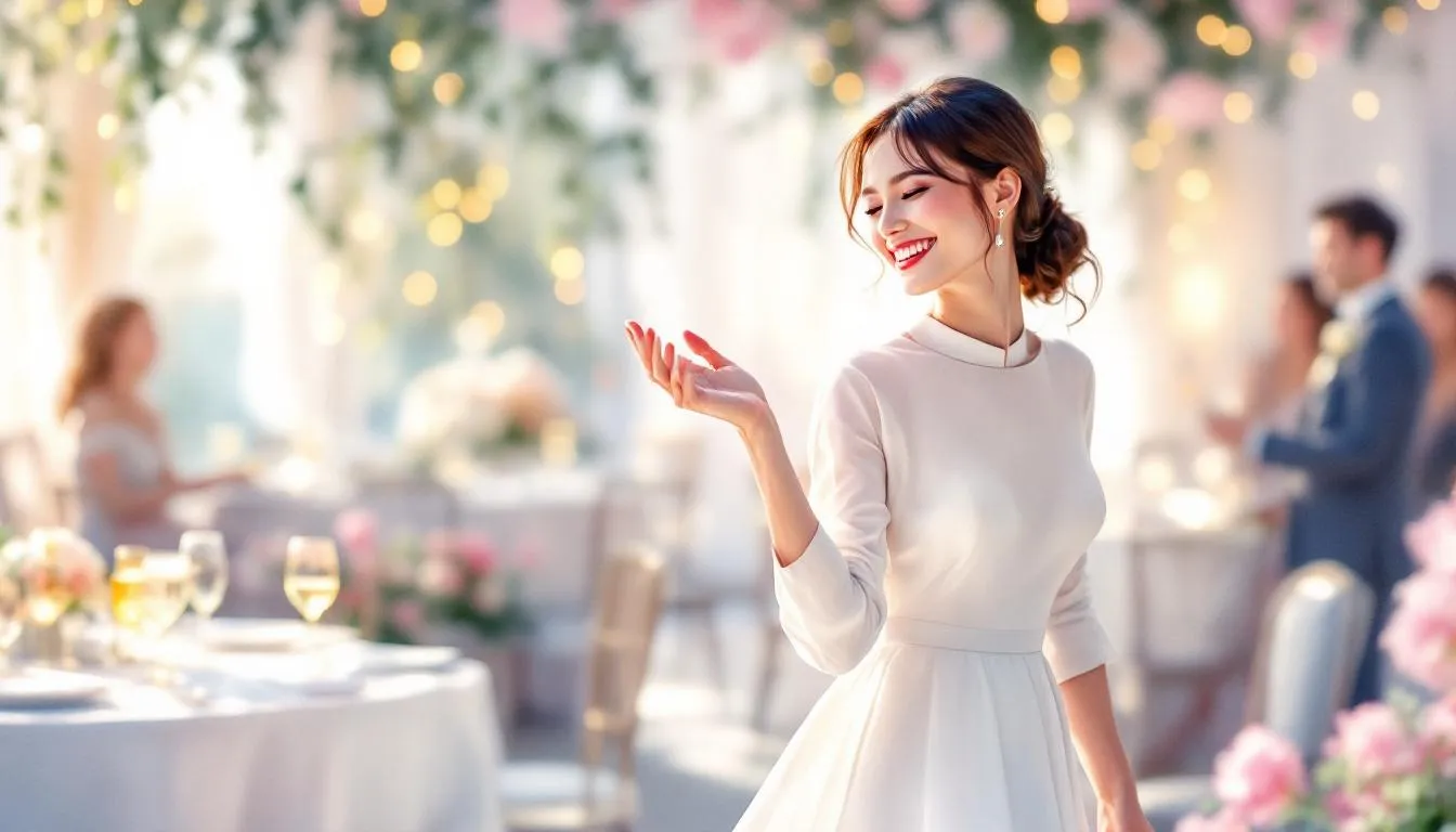 A happy wedding guest in a comfortable dress enjoying the celebration, demonstrating the importance of comfort in attire.
