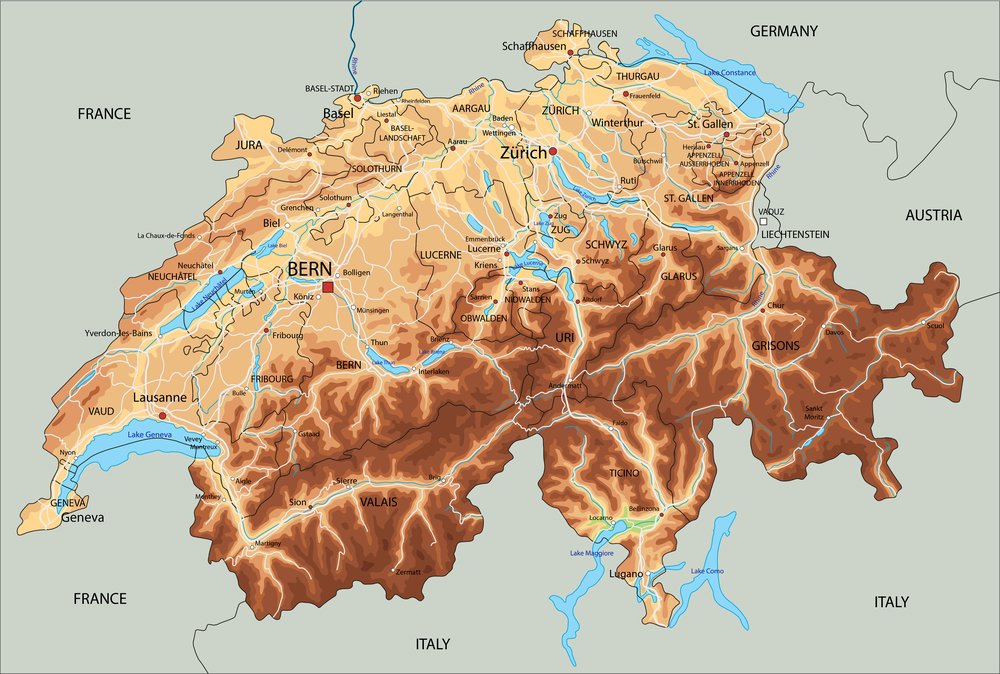 Map of Switzerland and surrounding countries