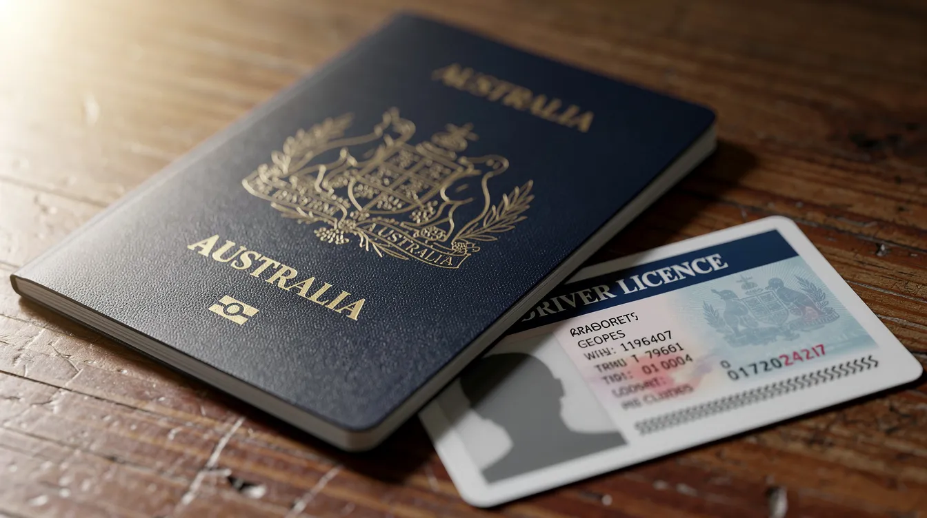 The image features a close-up of an Australian passport and driver's license resting on a wooden desk, highlighting important identification documents. This scene may evoke themes of identity verification, which is essential for processes like online money transfer or sending money to Pakistan from Australia.