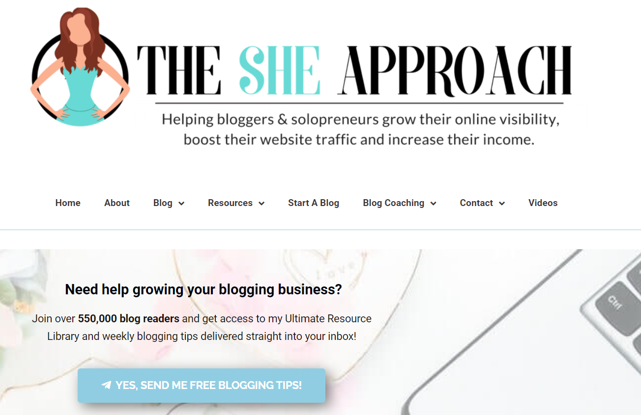 the she approach blog management services homepage screenshot