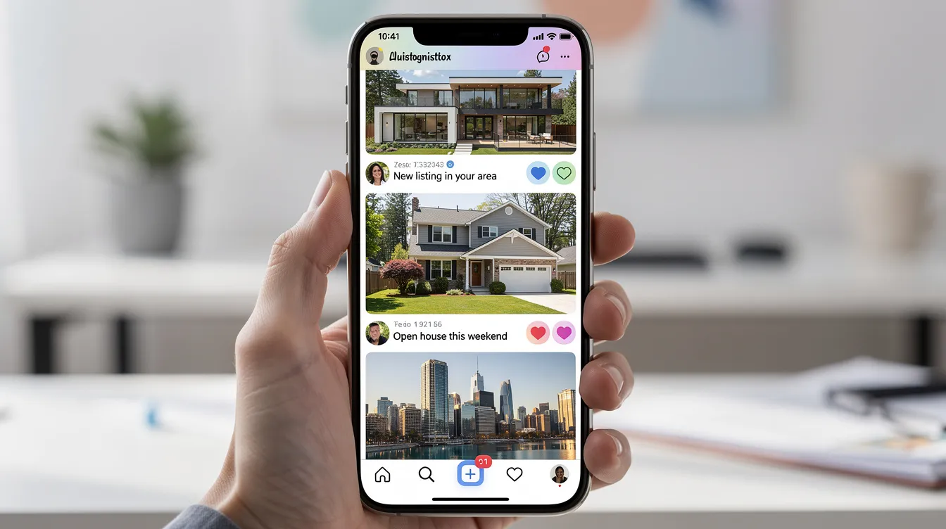 The image depicts a vibrant social media feed showcasing various posts related to real estate, featuring content aimed at real estate agents and professionals. It highlights effective lead generation strategies, including tips for managing leads and nurturing client interactions, aimed at helping real estate businesses capture and convert potential clients.