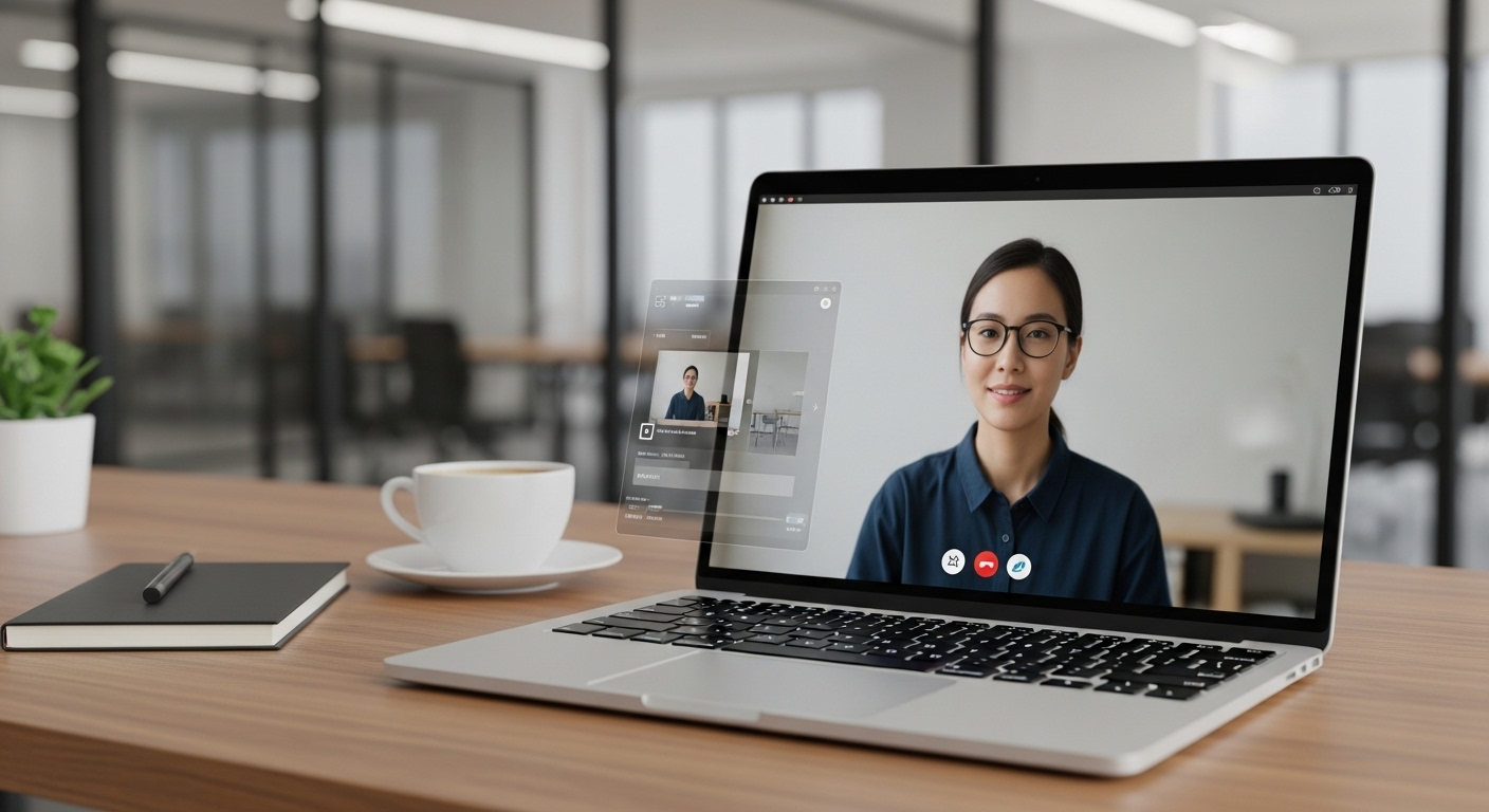 Laptop performing AI-powered video background blur locally while connected to virtual desktop session.