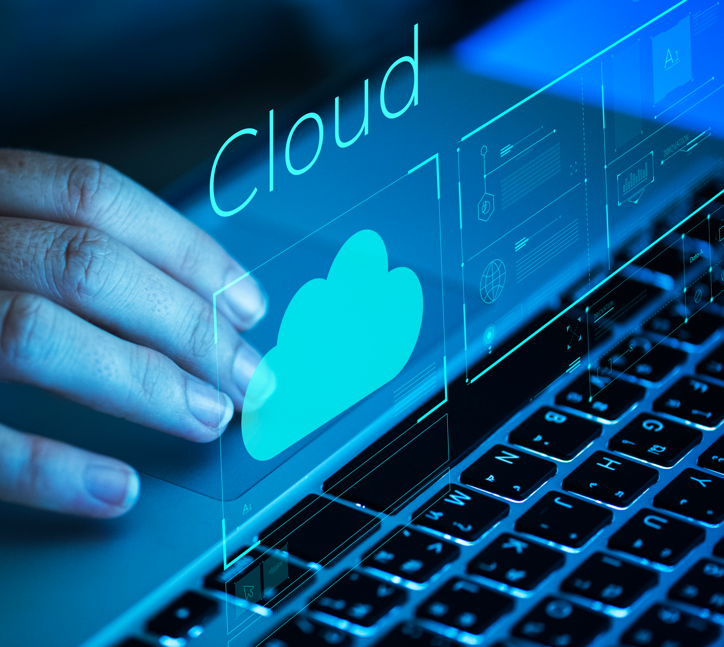 The illustration depicts a hand scrolling a laptop and the icon of the cloud as a symbol of successful cloud adoption