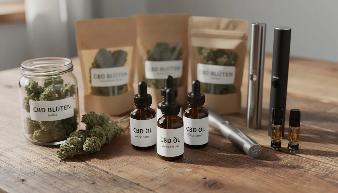 Auf einem Holztisch sind verschiedene CBD-Produkte wie Öle, Blüten und Vapes ansprechend arrangiert. Diese Produkte aus Bio-Qualität bieten eine Auswahl für unterschiedliche Bedürfnisse und fördern Entspannung und Wohlbefinden im Alltag.