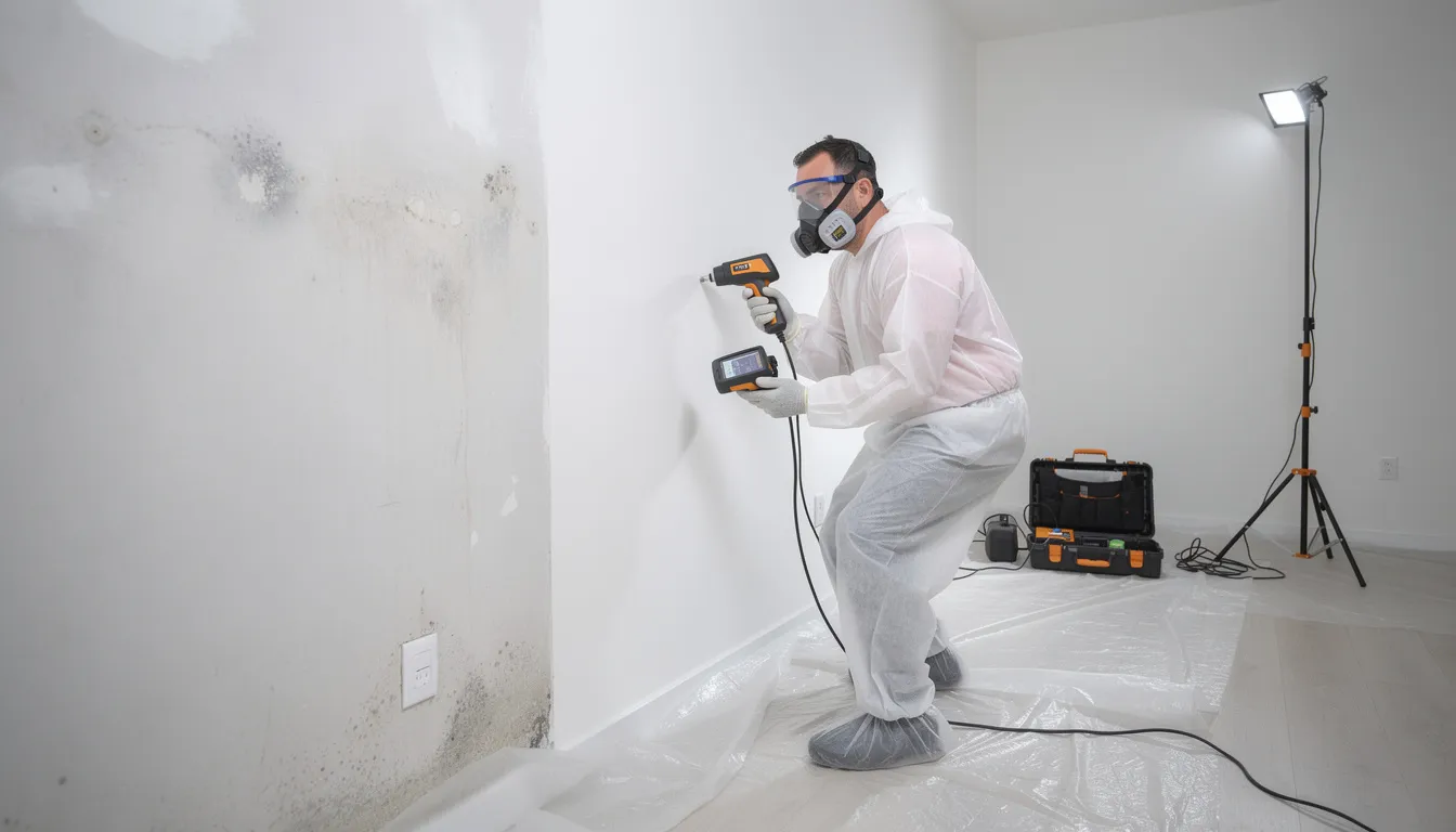 A professional remediation technician in protective gear is inspecting a wall for mold growth using specialized tools, highlighting the importance of mold inspection and removal services in residential and commercial properties. The technician's advanced equipment ensures a thorough assessment to identify and safely remove any hidden mold and prevent future infestations.