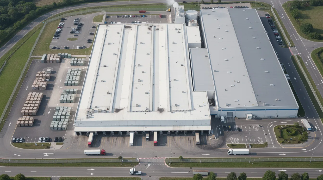 04dd2515 bd4b 4595 9f2d d61c8191ad1e An aerial view of a large industrial food processing facility showcases clearly defined sections and loading docks, emphasizing its role in the dairy processing industry. This facility is likely involved in various stages of milk processing, including the production of value added dairy products such as cheese, butter, and processed milk products.