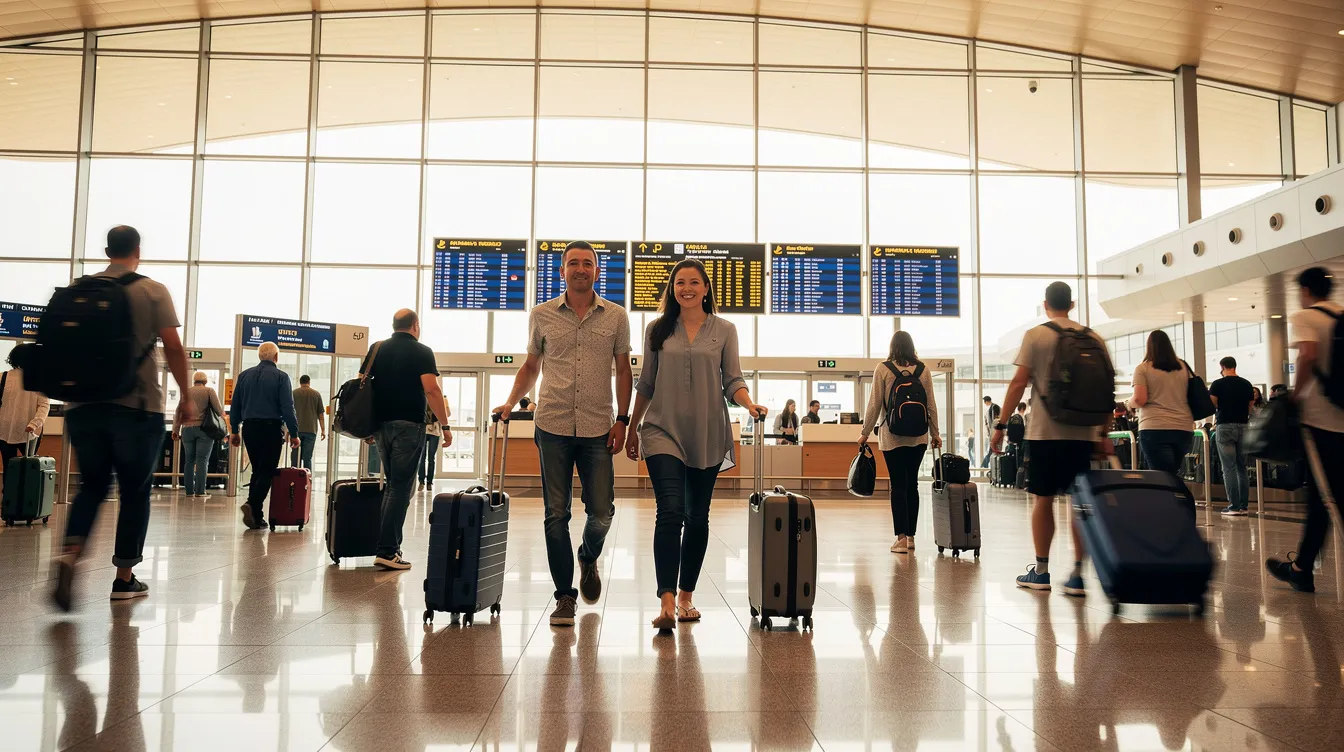 The image shows travelers with luggage walking through an airport arrivals terminal, bustling with activity as they navigate towards immigration officers. This scene reflects the excitement of traveling to Ireland, where various visa options, including the long stay visa and employment visa, may be required for entry.