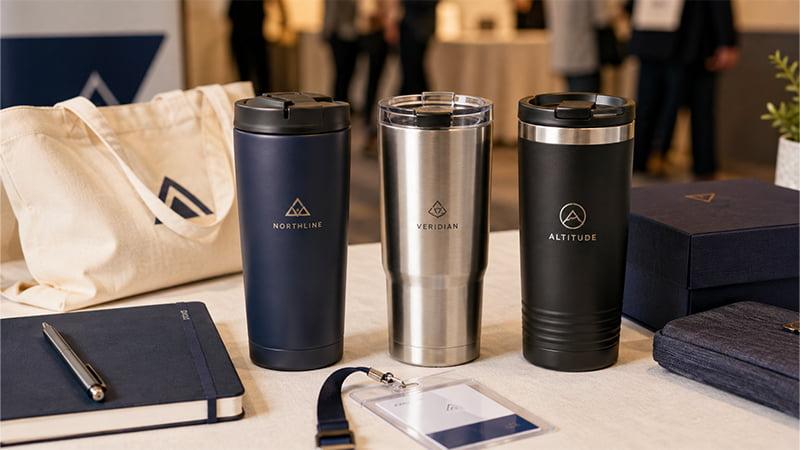Custom travel tumblers with logo branding for event swag, corporate gifts, and premium attendee giveaways