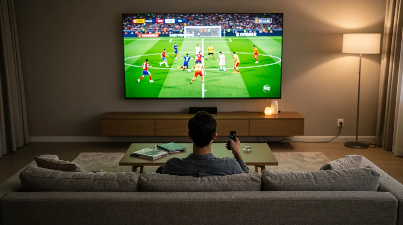 A person is comfortably seated in a modern living room, focused on a large flat screen TV that showcases a sports channel, highlighting the enjoyment of live sports through a reliable IPTV service. The setting reflects a cozy atmosphere ideal for uninterrupted entertainment and high-quality streaming.