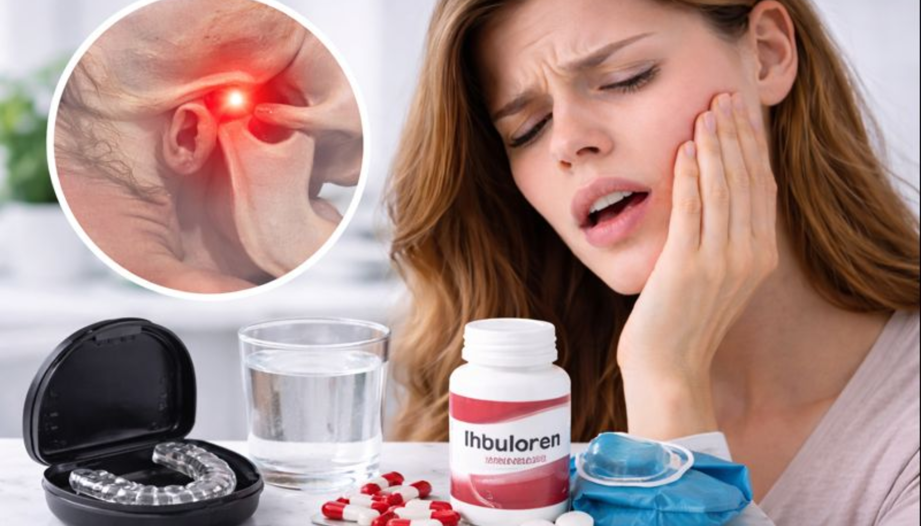 Kvinne med kjevesmerter holder kinnet, med nattskinne, smertestillende og anatomibilde av betent kjeveledd. smerter i kjeveleddet temporomandibulær dysfunksjon tmd temporomandibulær dysfunksjon smerter i kjeven dysfunksjon tmd temporomandibular disorders årsaker til kjevesmerter tmd symptomer tmd forårsake smerter foran øret kjeven smerter andre ledd andre symptomer fleste tilfeller flere årsaker rundt kjeven behandling kjevesmerter kjeveleddet hos årsaker kjeveledd andre symptomer ofte plager vondt tilfeller temporomandibular kjeve stress plagene flere hjelp smertene øret opplever redusere personer munnen leddet viktig vanlige føre undersøkelse vanlig tennene rundt bør smerte problemer tannlegen årsak hodepine tenner underkjeven tilstanden ledd gjøre fleste symptomene øvelser skyldes mer nødvendig akutte spenninger skade feil informasjon eksempel får tannlege pasienter tiltak nakke hjelpe faktorer muskler