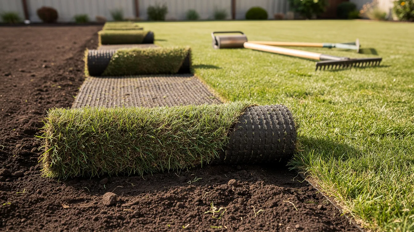 A worker is laying fresh rolled turf onto a prepared soil surface beside an existing lawn, aiming to repair bare patches and ensure healthy growth. The vibrant green turf contrasts with the brown soil, indicating the start of a lawn care project focused on restoring the area.
