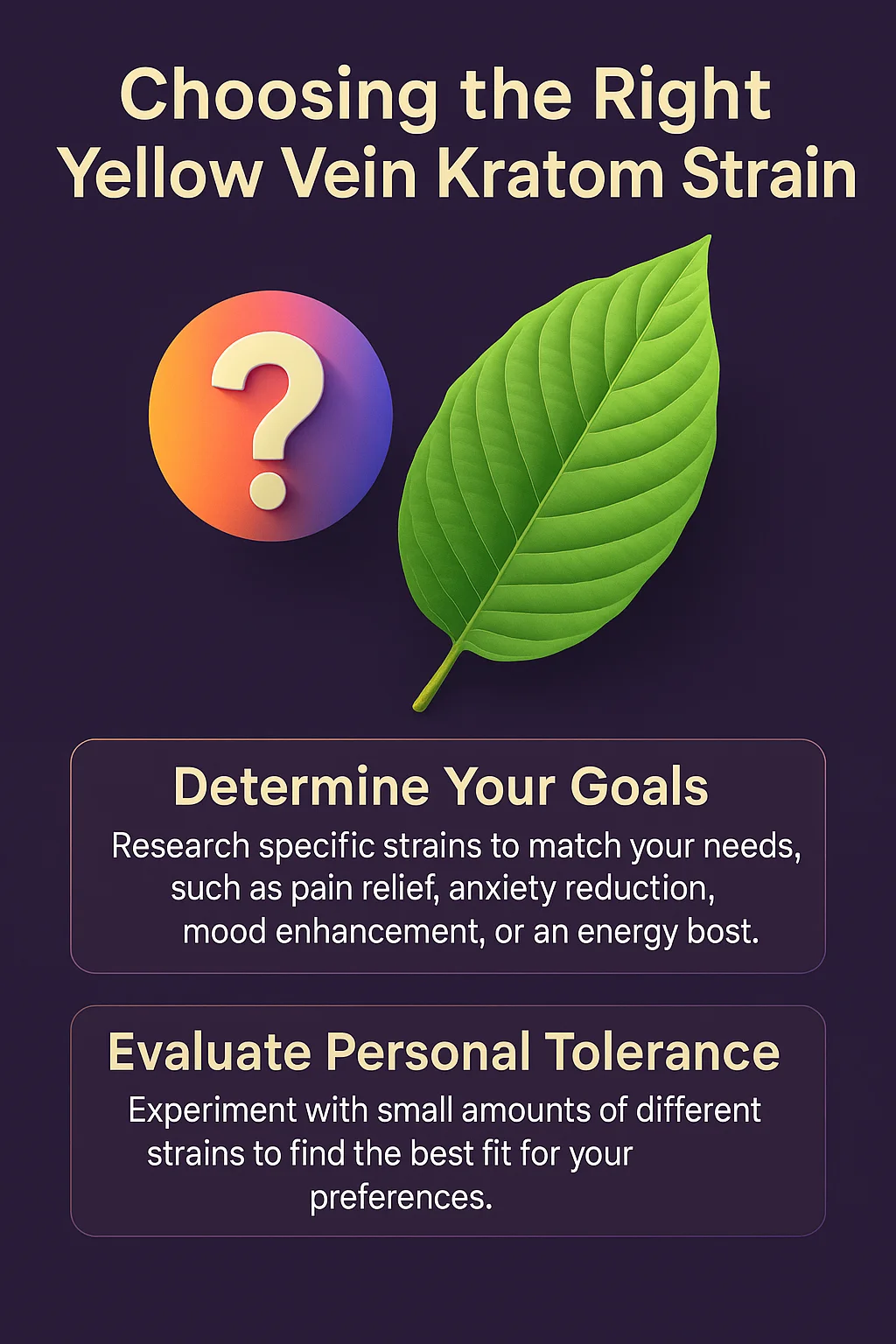 Yellow Kratom Explained: Unlocking the Mysteries of Yellow Vein Kratom Effects and Benefits 7 "Infographic titled 'Choosing the Right Yellow Vein Kratom Strain' featuring a colorful question mark icon and a green kratom leaf. Text highlights two steps: 'Determine Your Goals' such as pain relief, anxiety reduction, mood enhancement, or energy boost, and 'Evaluate Personal Tolerance' by experimenting with small amounts of different strains."