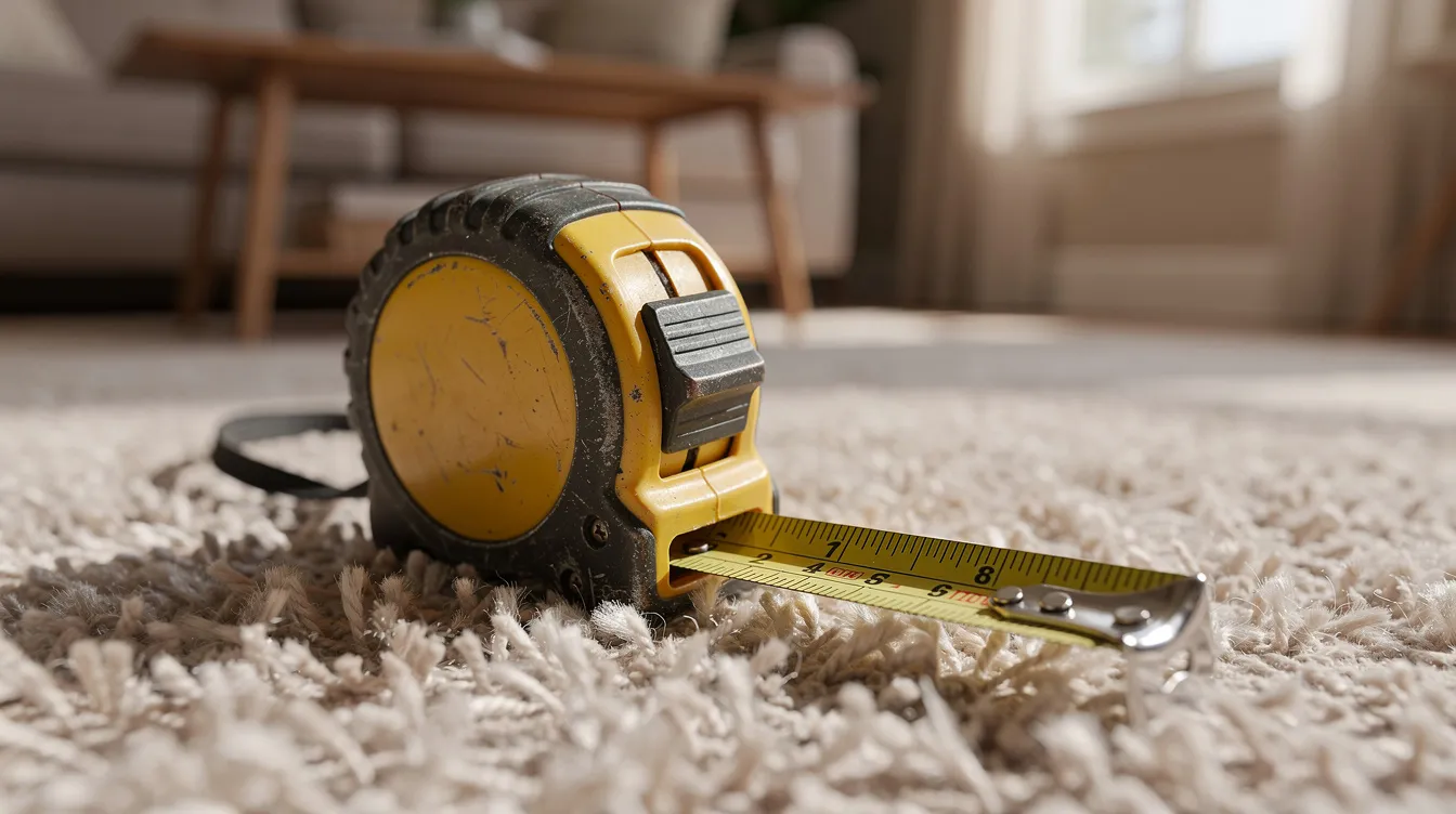 A tape measure rests on a light-colored residential carpet in a suburban living room, suggesting a space that may require professional carpet cleaning or DIY carpet cleaning for routine maintenance. The carpet's fibers appear clean, indicating possible recent cleaning or care to remove tough stains and maintain its lifespan.