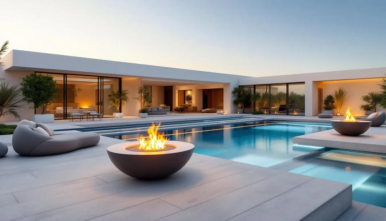 A pool area integrating modern fire features like fire bowls and fire pits.