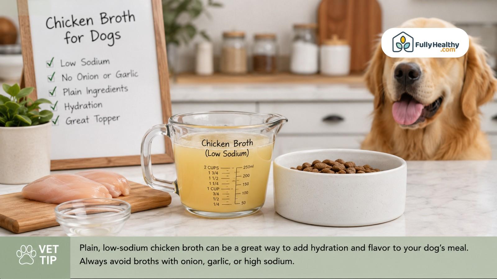 Vet tip scene showing chicken broth, kibble, and dog-safe ingredient checklist