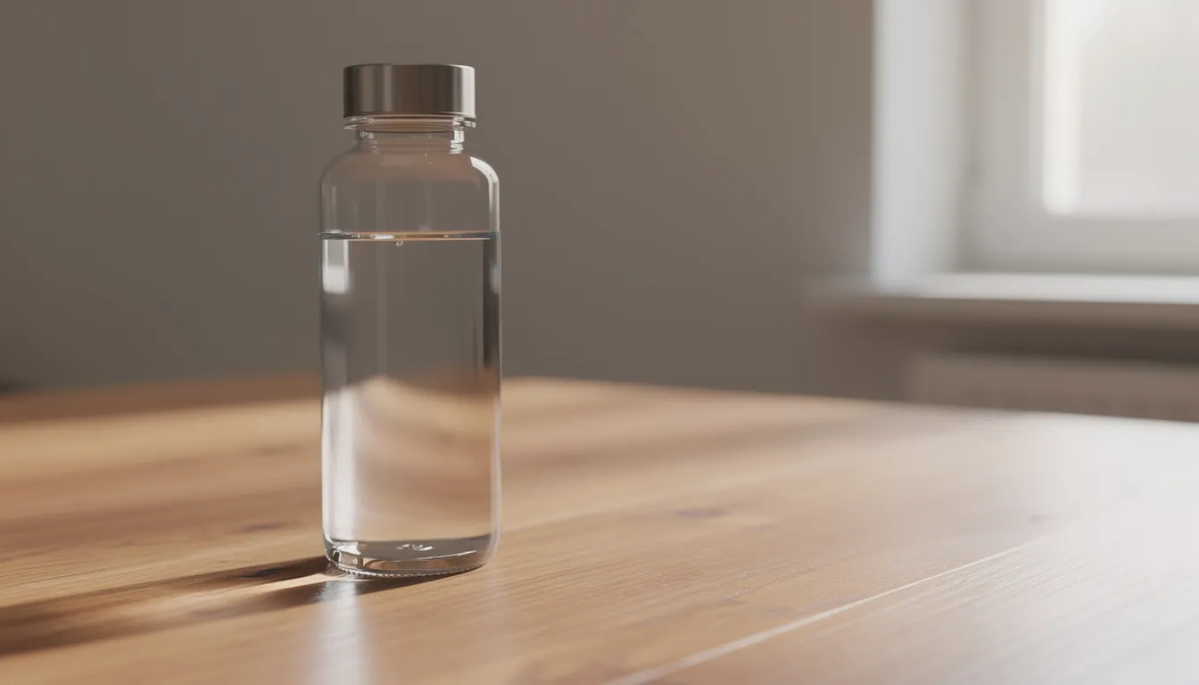 A crystal clear glass water bottle filled with pure water sits on a wooden table, illuminated by natural light, showcasing the benefits of glass water bottles, such as their non-toxic nature and ability to enhance the drinking experience. Unlike plastic bottles, this reusable glass water bottle contributes to reducing plastic waste and promotes sustainable living.