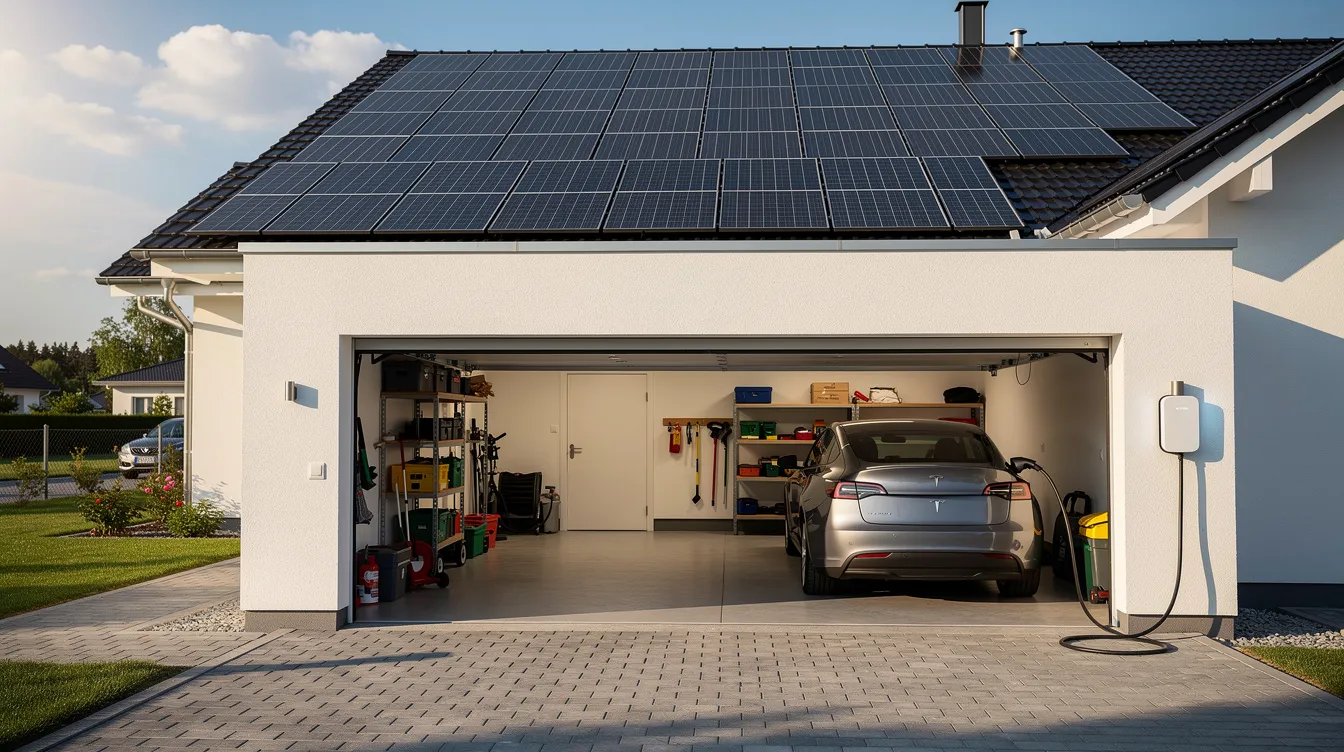 Die Garage eines Einfamilienhauses zeigt eine Wallbox und ein Elektroauto, während im Hintergrund die Solarpanels auf dem Dach installiert sind. Diese Photovoltaikanlage könnte eine wichtige Rolle bei der Einspeisung von Strom ins öffentliche Netz spielen und von Betreibern von PV-Anlagen genutzt werden.