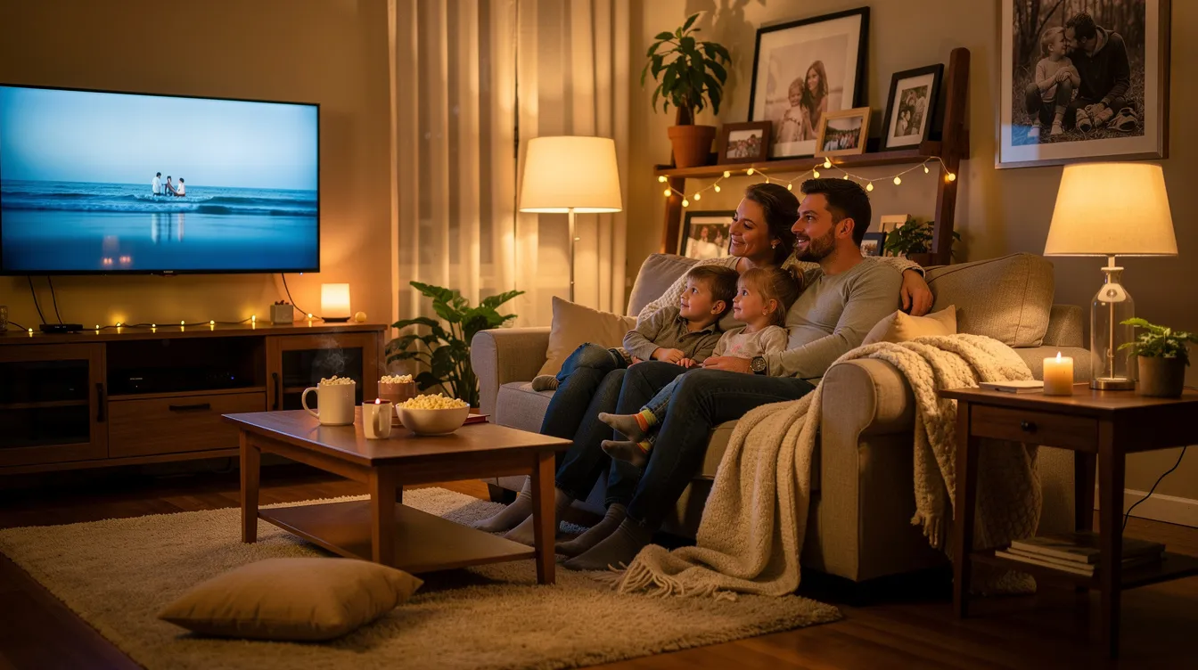 A family of four is comfortably gathered in a cozy living room, enjoying a movie night together as they watch television on a smart TV, surrounded by warm ambient lighting. The scene captures the essence of quality time and entertainment, reminiscent of the reliable streaming experience offered by premium IPTV services.