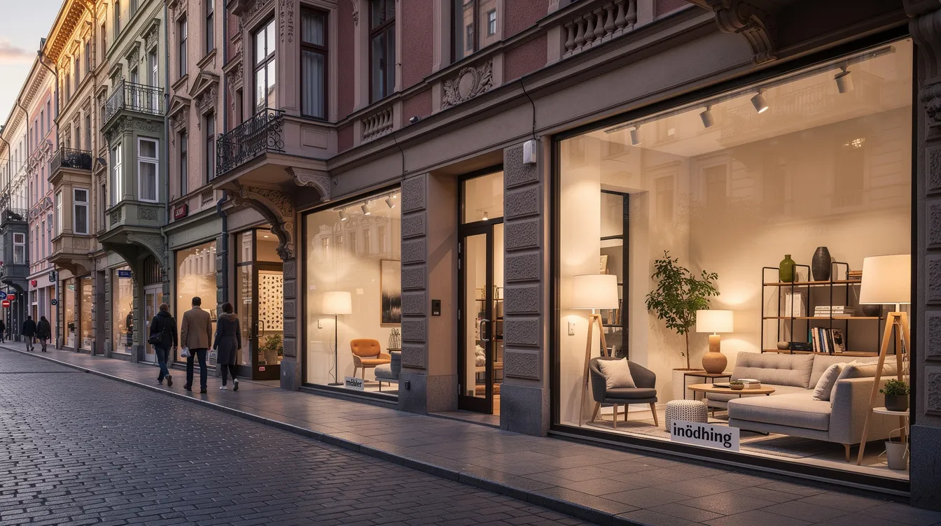 En elegant gata i Östermalm, Stockholm, med vackra sekelskiftesfasader och skyltfönster som visar upp utvalda möbler och inredningsdetaljer. Atmosfären är stilren och inbjudande, perfekt för den som vill skapa en unik känsla i sitt hem.