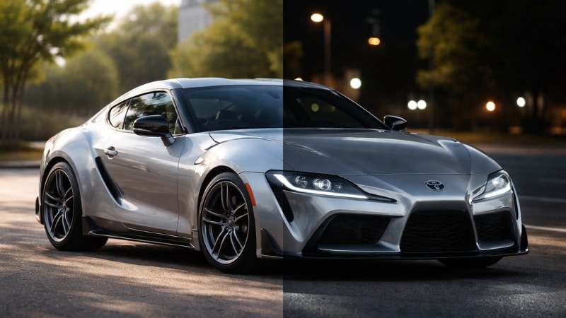 Day and Night comparison of ceramic tint on Toyota Supra