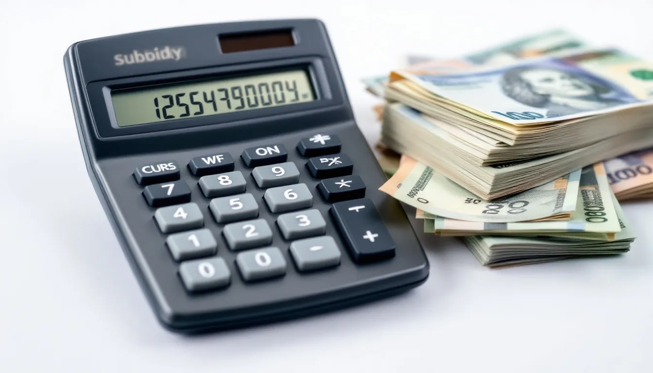 Een calculator omringd door geldbedragen toont subsidieberekeningen voor verduurzamingsmaatregelen zoals investeringssubsidie voor duurzame energie en triple glas subsidie. De afbeelding illustreert hoe subsidie aanvragen kan helpen bij het verlagen van kosten voor isolerende maatregelen zoals nieuw kozijnen en warmtepompen.