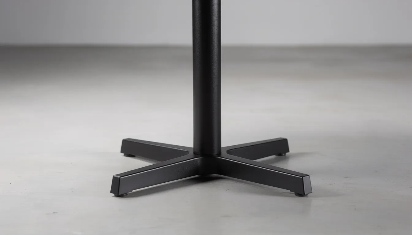 Een zwarte poedercoated stalen tafelbasis staat stevig op een betonnen vloer, met de kiezelvormige eettafel erbovenop. De combinatie van het stalen onderstel en het natuurlijke uiterlijk van het tafelblad zorgt voor een unieke uitstraling in de eetkamer.