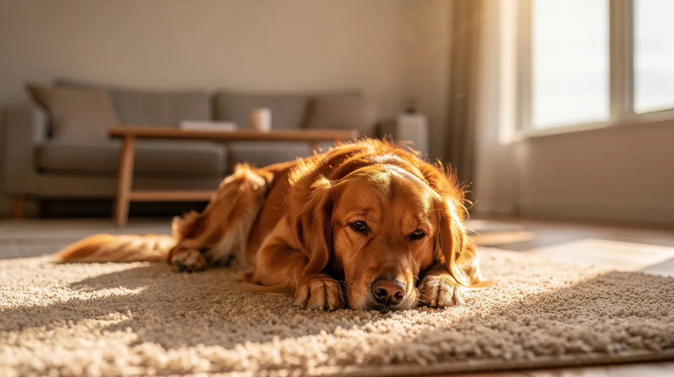 A golden retriever is comfortably lying on a beige carpet in a sunlit living room, creating a warm and inviting atmosphere. This cozy space is perfect for spending time with family and pets, emphasizing the importance of maintaining clean floors to eliminate pet odors and ensure a fresh home.